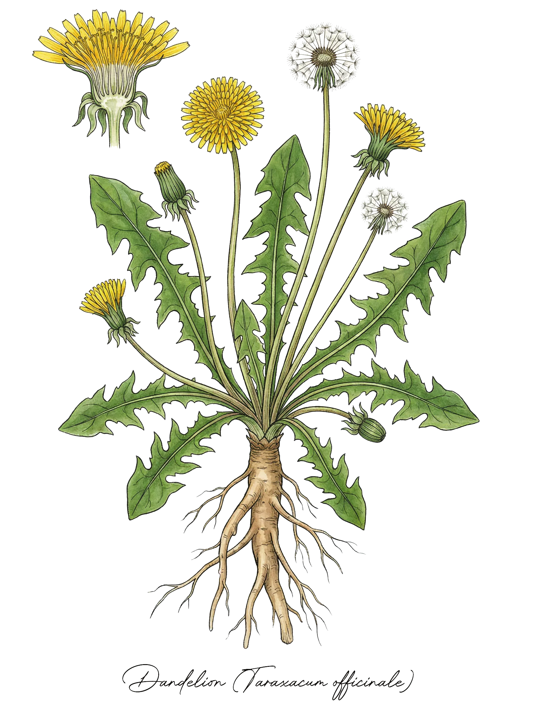 Botanical illustration of Dandelion (Taraxacum officinale)